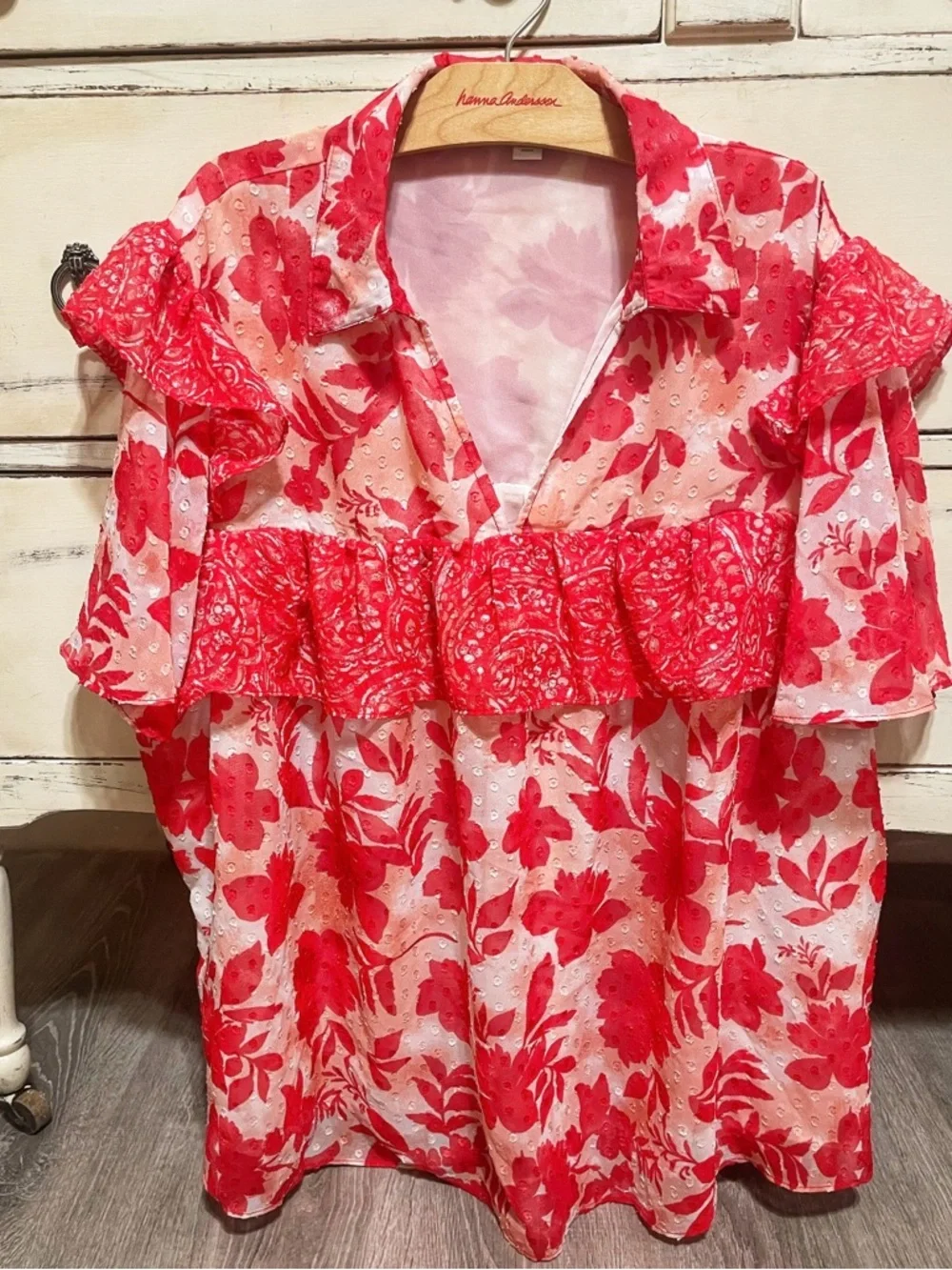 Cato Red and Cream Floral Ruffle V-Neck Blouse - Picture 2 of 3